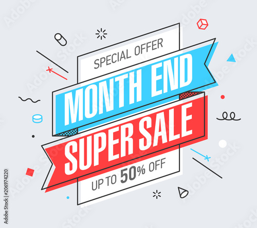 Month End Super Sale banner template in flat trendy memphis geometric style, retro 80s - 90s paper style poster, placard, web banner design