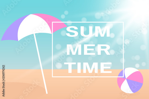Beach Umbrella and Bright ball on the seacoast. Vector illustration EPS10