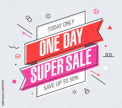 One Day Super Sale banner template in flat trendy memphis geometric style, retro 80s - 90s paper style poster, placard, web banner design