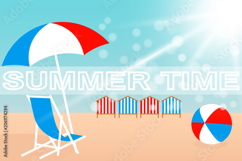 Umbrella, Chair, Bright ball and Beach Huts on the seacoast. Vector illustration EPS10