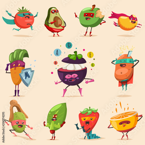 Funny fruits and vegetables in superhero costume. Vector concept illustration for a healthy eating and lifestyle. Cute food cartoon flat character vector set.
