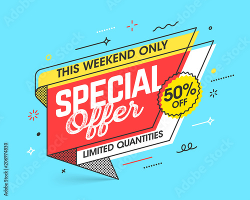 Weekend Special Offer banner template in flat trendy memphis geometric style, retro 80s - 90s paper style poster, placard, web banner design
