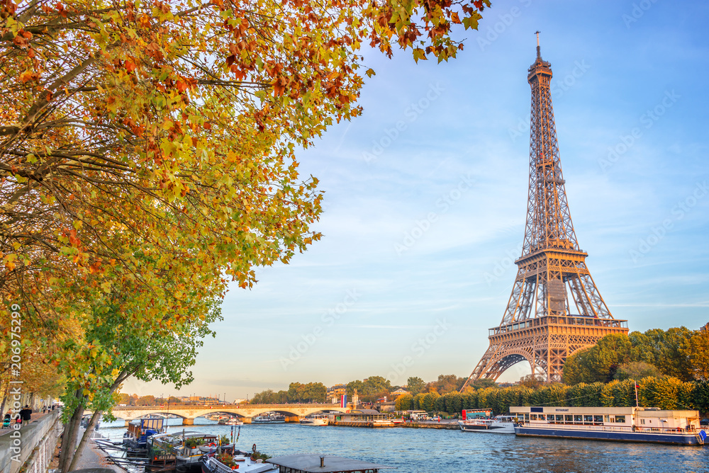 Eiffel tower and the river Seine, yellow automnal trees, Paris France