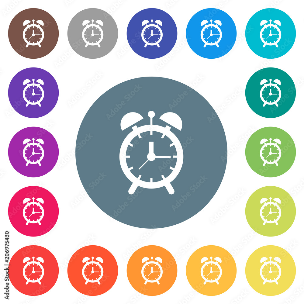 Alarm clock flat white icons on round color backgrounds Alarm clock flat white icons on round color backgrounds