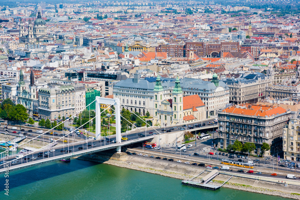 Elevated view of Budapest with Elisabeth bridge on waterfront - travel destination, european capital concept
