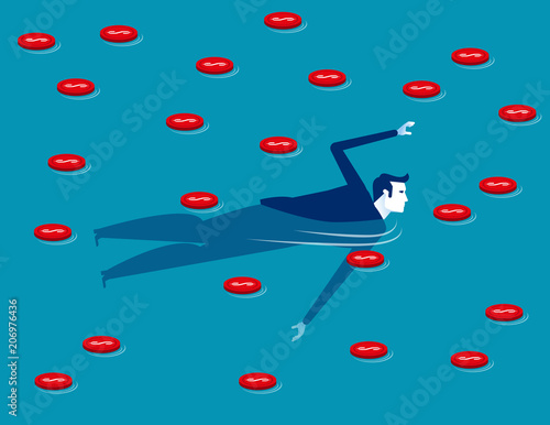Businessman swimming in sea of coin. Concept business vector illustration, Flat business cartoon, Character design style.