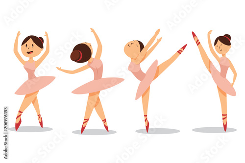 Cute ballerinas dance in ballet shoes and pink tutu. Vector cartoon set of little girls in dresses isolated on white background.