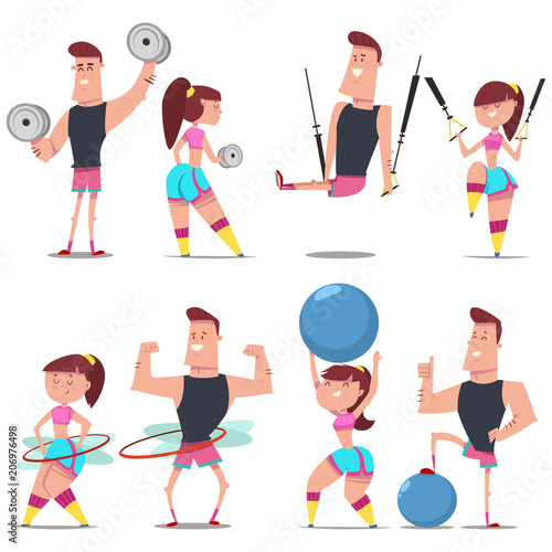 Fitness couple man and woman doing exercise with dumbbells, fit ball, hula hoop and suspension training. Workout girl and guy vector cartoon character isolated on background. Healthy lifestyle set.
