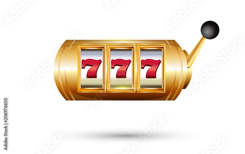 Retro golden casino machine with lucky seven signs isolated on white background. Slot machine with jackpot. Vector illustration.