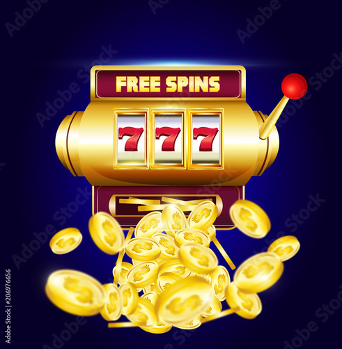 777 slots 3d machine with big win coins and inscription "free spins".  Lucky sevens jackpot poster for casino on blue background with coins. Vector illustration.