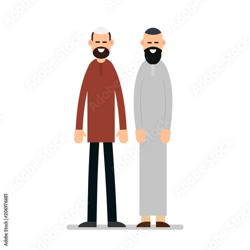 Two muslim arabic people standing together in different suit and traditional clothes. Illustration in flat style on white background. Isolated