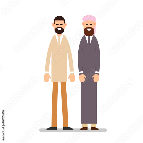 Two muslim arabic people standing together in different suit and traditional clothes. Illustration in flat style on white background. Isolated