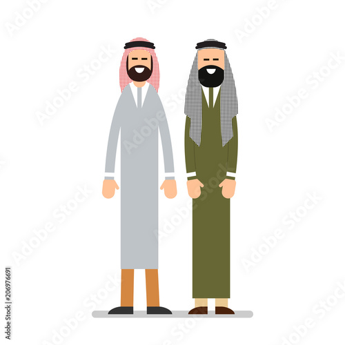 Two muslim arabic people standing together in different suit and traditional clothes. Illustration in flat style on white background. Isolated