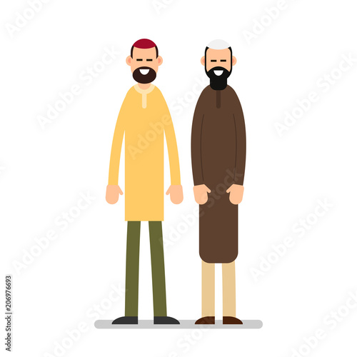 Two muslim arabic people standing together in different suit and traditional clothes. Illustration in flat style on white background. Isolated