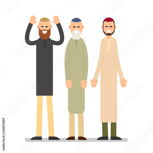Group muslim arabic people. Men standing together in different suit and traditional clothes. Illustration in flat style on white background. Isolated