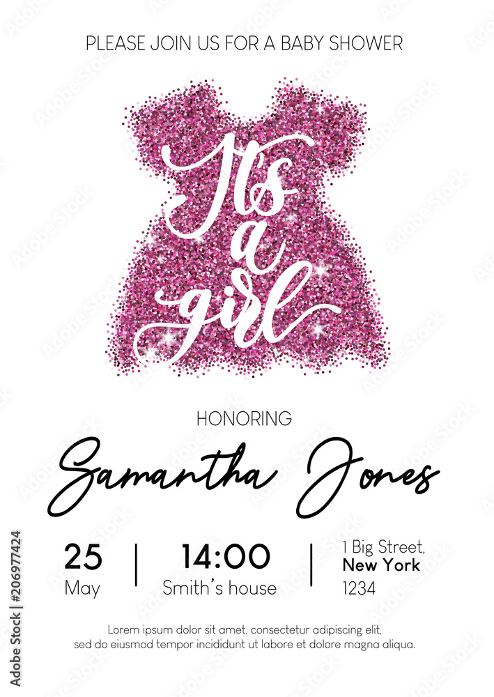 Baby girl shower invitation card with pink glittered dress and ...