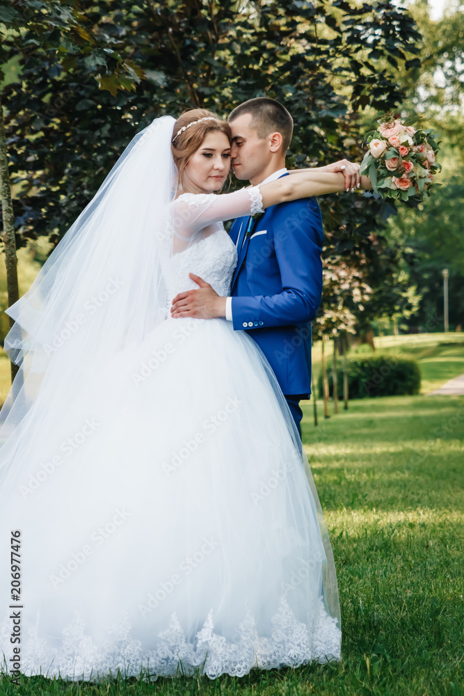 Beautiful guy and girl, bride in a white wedding dress, groom in a classic blue suit against a nature background. Wedding, family creation. Beautiful guy and girl, bride in a white wedding dress, groom in a classic blue suit against a nature background. Wedding, family creation.