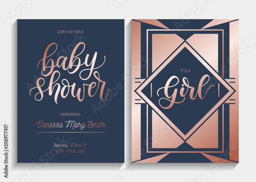 Baby shower cards set with lettering. Modern geometric design with navy blue and  rose gold colors. Elegance invitation for baby shower. Vector illustration.