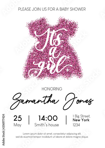 Baby girl shower invitation card with pink glittered dress and calligraphy. Minimalistic elegance design template for baby shower. Vector illustration.