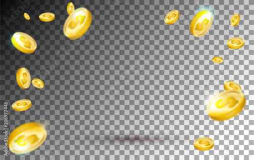 Flying gold coins explosion on transparent background. Realistic falling gold coins set for sale banner, casino, advertising or promotion. Vector illustration.