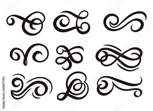 Flourishes set isolated on white background. Hand drawn flourish elements for invitations, posters, cards, restaurants etc. Vecto illustration.
