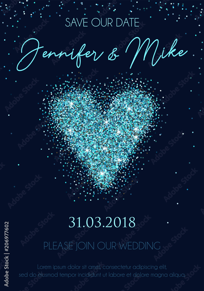 Save our date wedding invitation design. Elegance template for engagement  or wedding with blue glitter heart and navy blue background. Vector  illustration. Stock Vector | Adobe Stock