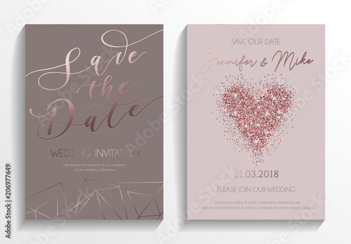 Wedding invitation card set. Modern design template with rose gold glitter heart and lettering. Elegance wedding invitation with geometric elements. Vector illustration..