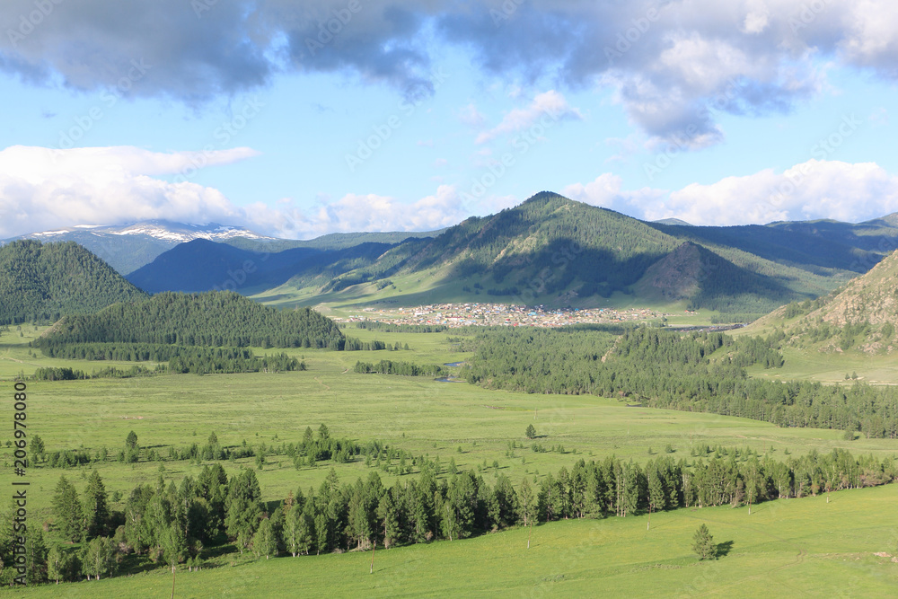View of the mountain village of Elo, Ongudaysky district, Altai, Russia