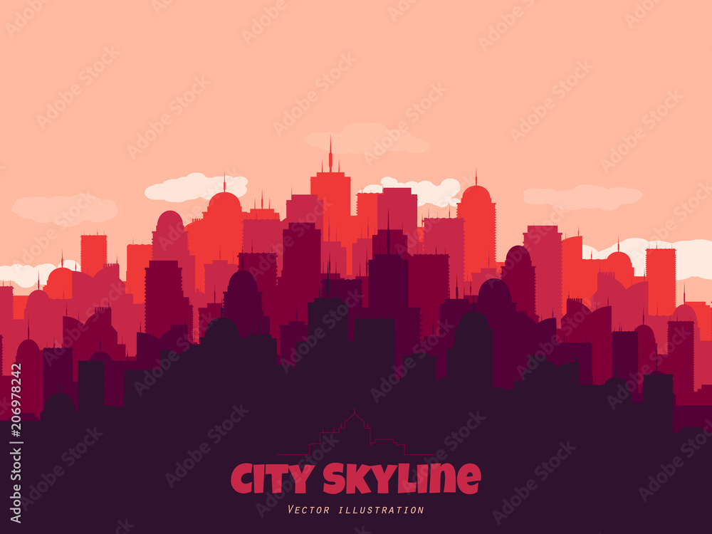 Urban concept. Silhouette of city skyline. Flat style town. Vector illustration.