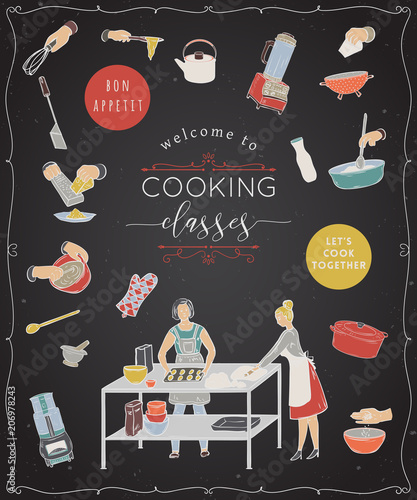 Cooking classes.Design template with people preparing meals, kitchen utensils and appliances. Isolated elements on white background. Vector illustration in sketch style 
