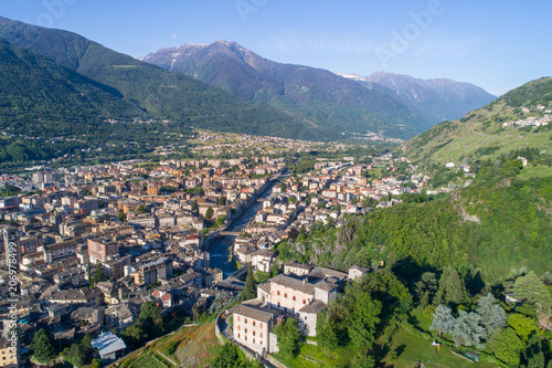 Panoramic view of Sondrio. Masegra Castle in Valtellina