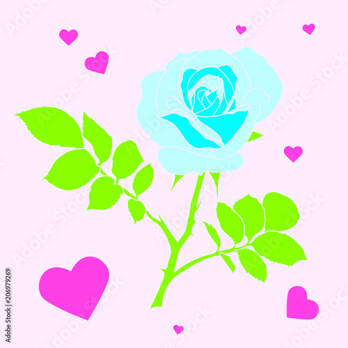 Sample of seamless blue rose and red hearts background - pattern for continuous replicate on pink background.