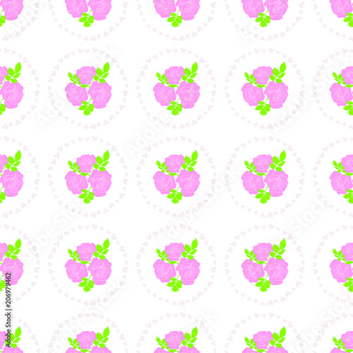 Roses and hearts seamless background - pattern for continuous replicate in light blue, red and green colors.