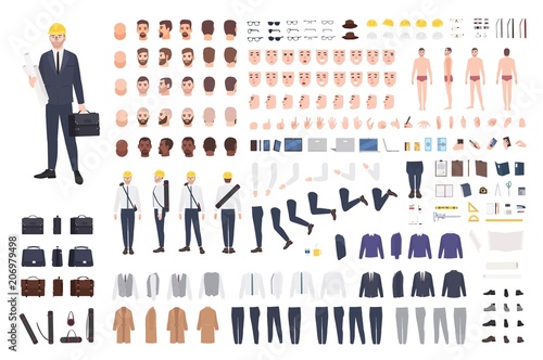 Architect or engineer constructor or DIY kit. Collection of male cartoon character body parts, facial expressions, gestures, clothes, working tools isolated on white background. Vector illustration.