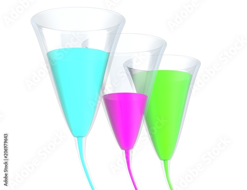 Three glass with color liquid isolated on white 3d illustration