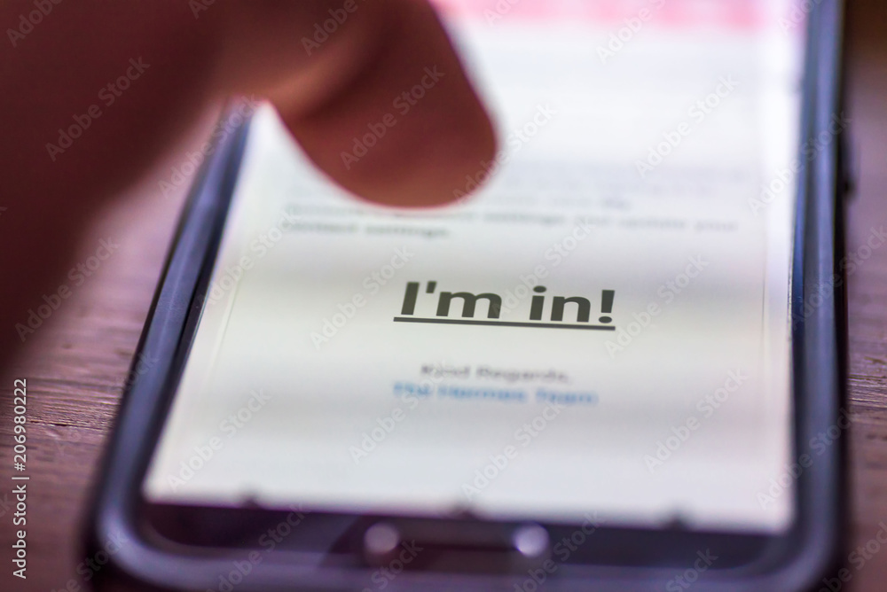General Data Protection Regulation - GDPR - closeup human finger pointing to smartphone message link I am In General Data Protection Regulation - GDPR - closeup human finger pointing to smartphone message link I am In