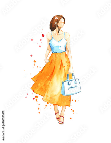 Summer look, watercolor fashion illustration