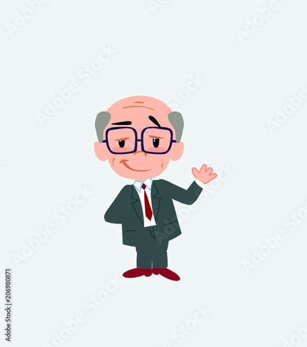 Old businessman with glasses waving with a dreamy expression.