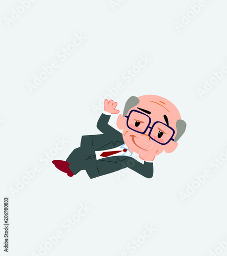 Old businessman with glasses lying, greets with a dreamy expression.