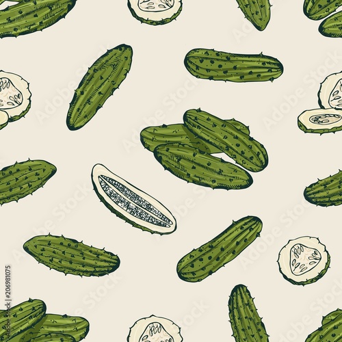 Seamless pattern with pickles or pickled cucumbers. Backdrop with marinated vegetable, delicious vegetarian snack. Hand drawn realistic vector illustration for fabric print, wrapping paper, wallpaper.