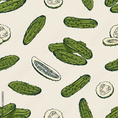 Seamless pattern with pickles or pickled cucumbers. Backdrop with marinated vegetable, delicious vegetarian snack. Hand drawn realistic vector illustration for fabric print, wrapping paper, wallpaper. photo