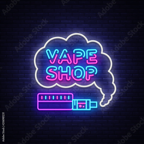 Vape Shop Logo Neon Vector. Vape neon sign design template on theme electronic cigarettes, light banner, night bright advertising for Vaping store, Trendy modern design. Vector Illustration