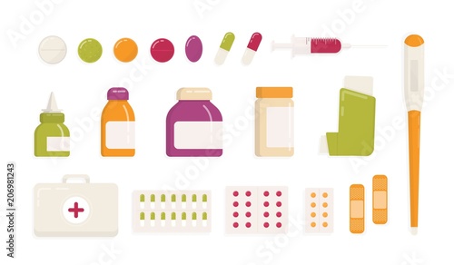 Collection of medical tools and medications isolated on white background - first aid kit, inhaler, pills, drugs, syringe, thermometer, patches, nasal spray. Flat cartoon colorful vector illustration.
