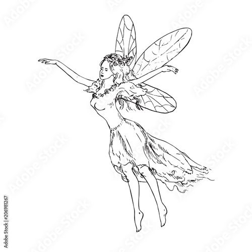 Beautiful young fairy dancing and flying in wind, hand drawn outline doodle sketch, black and white vector illustration
