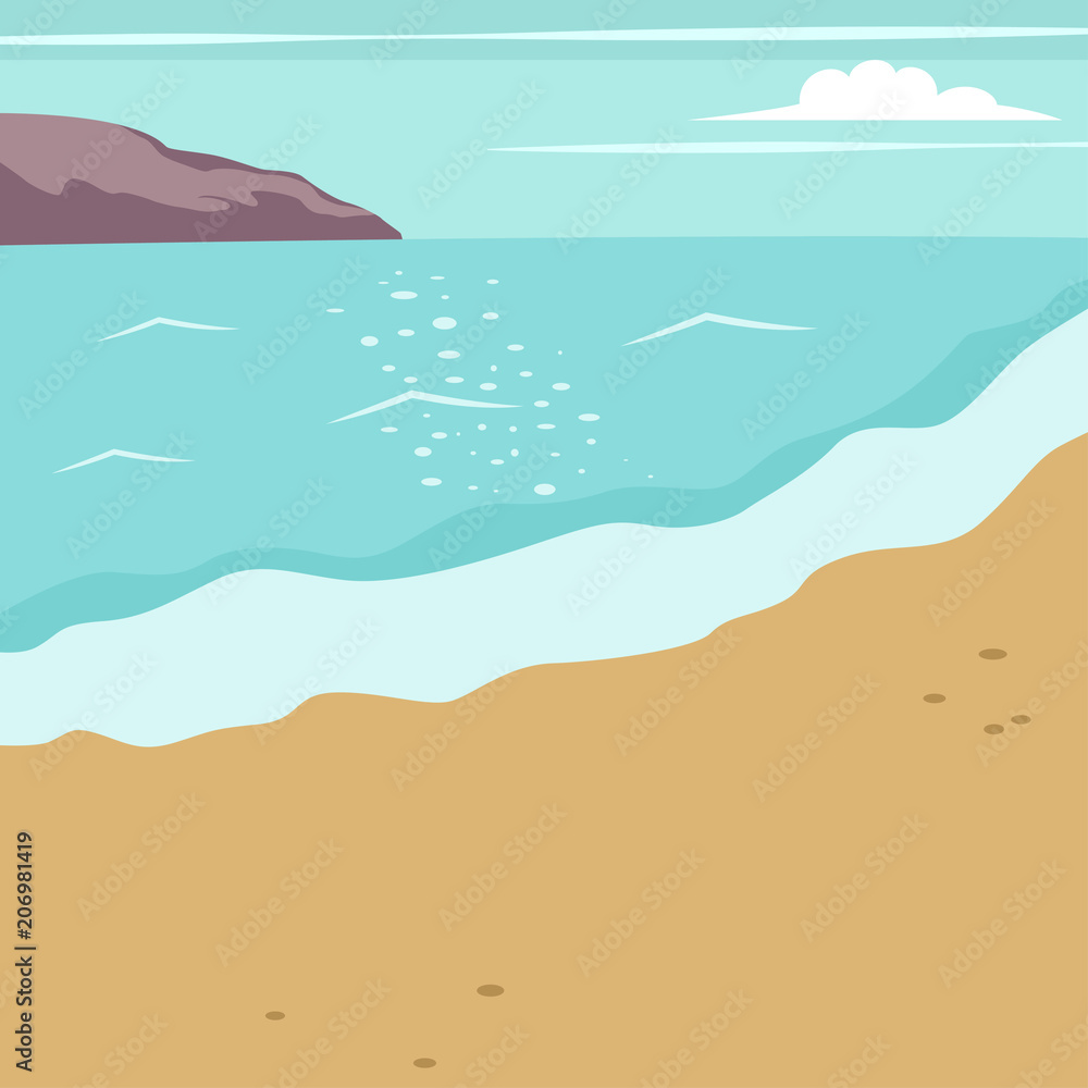 Summer background with beach, sea and mountain. Vector cartoon ...