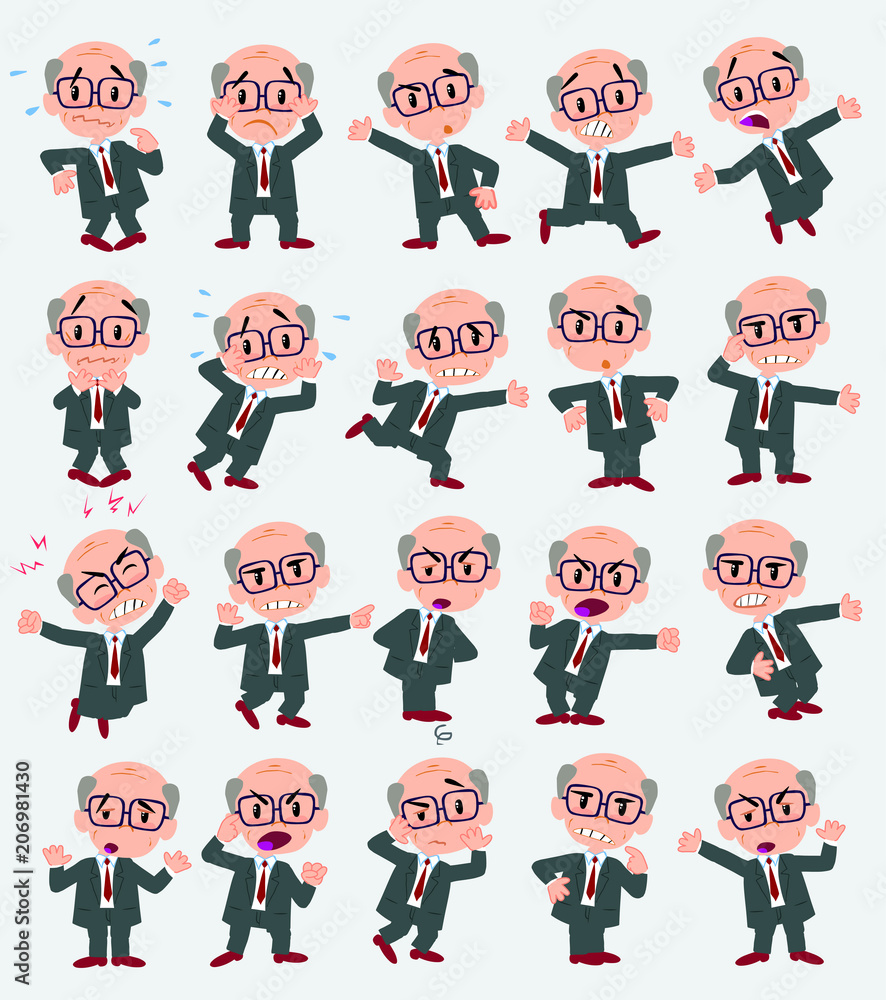 Cartoon character old businessman with glasses. Set with different postures, attitudes and poses, always in negative attitude, doing different activities in vector vector illustrations.