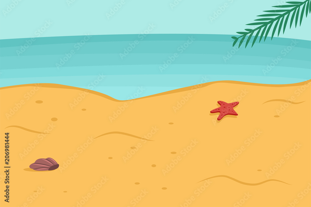 Summer background with beach, sea, palm leaf, starfish and seashell in the sand. Vector cartoon landscape illustration.