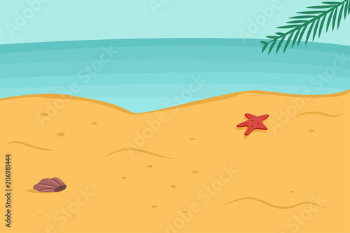 Summer background with beach, sea, palm leaf, starfish and seashell in the sand. Vector cartoon landscape illustration.