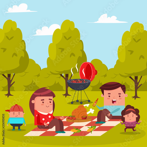 Happy family at a picnic in the city park. Barbecue flat illustration with mom, dad, daughter and son. Vector cartoon characters of a man, woman and children.