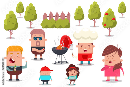 Barbecue party with happy family and friends. Vector cartoon flat picnic illustration of people in the park.